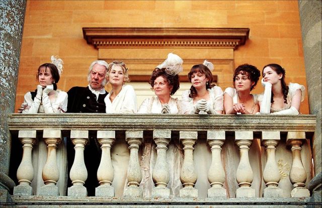 The Bennet family, from left to right: Lydia, Mr. Bennet, Jane, Mrs. Bennet, Kitty, Elizabeth, and Mary.