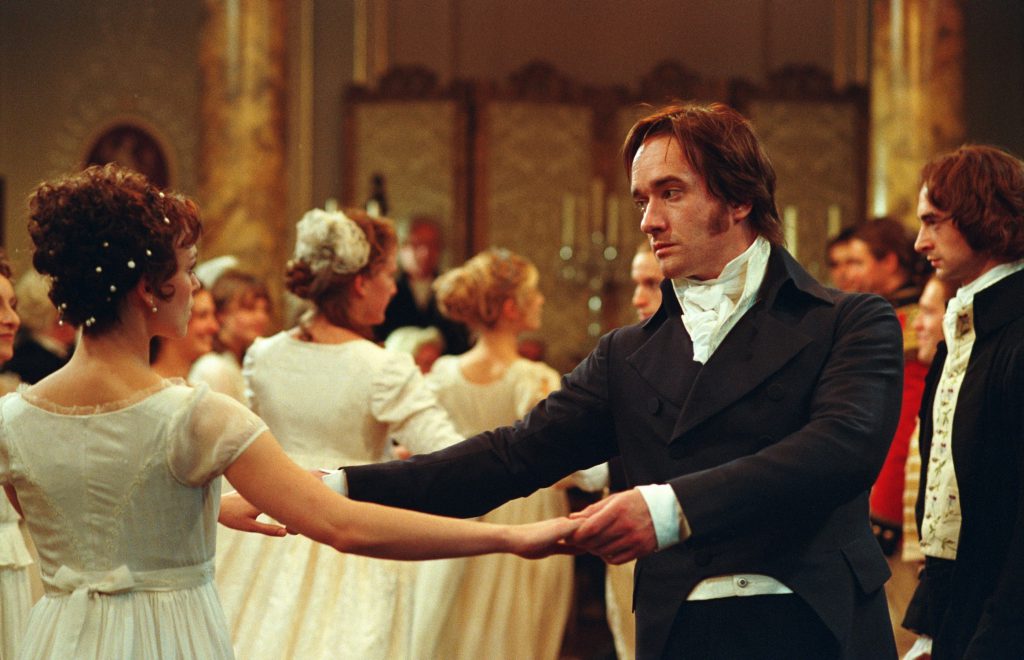 Party scene from 'Pride and Prejudice' 2005 movie Elizabeth and Darcy dancing.
