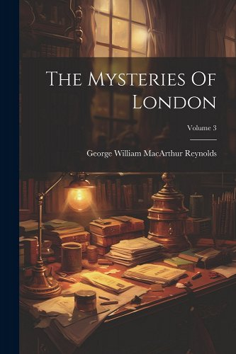 "The Mysteries of London" in white text placed on a black block against a background with a desk covered in books and papers as a window overlooks the scene.