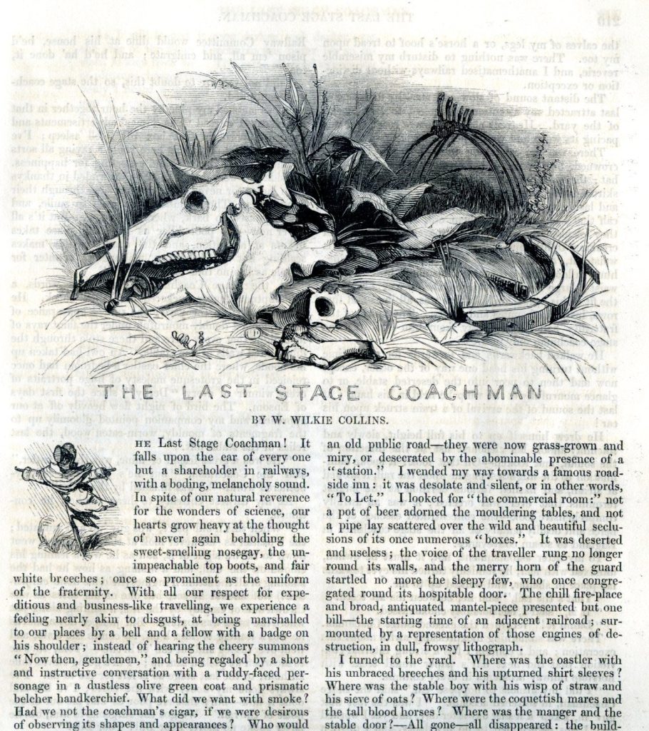 Title page to Wilkie Collins short story "The Last Stage Coachman". The skeleton of a cow lies scattered in a field of grass. White page with black text.
