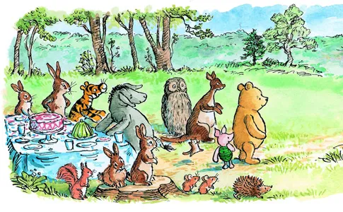 A yellow bear surrounded by his fellow friends and animals, such as a pig, a kangaroo, an owl, and a donkey. 