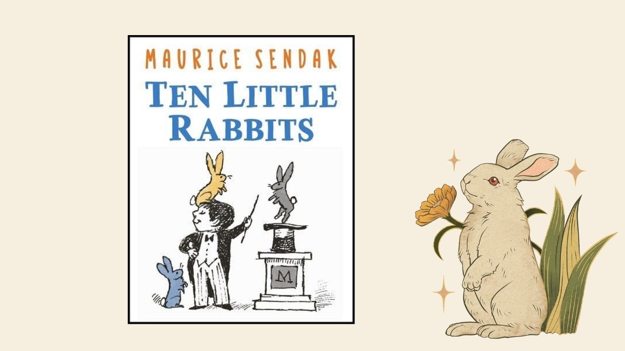The image features a brown rabbit in the bottom right corner, facing the book cover with blue letters titled, "The Little Rabbits." A little boy magician is featured with a top hat, wand, and three rabbits.