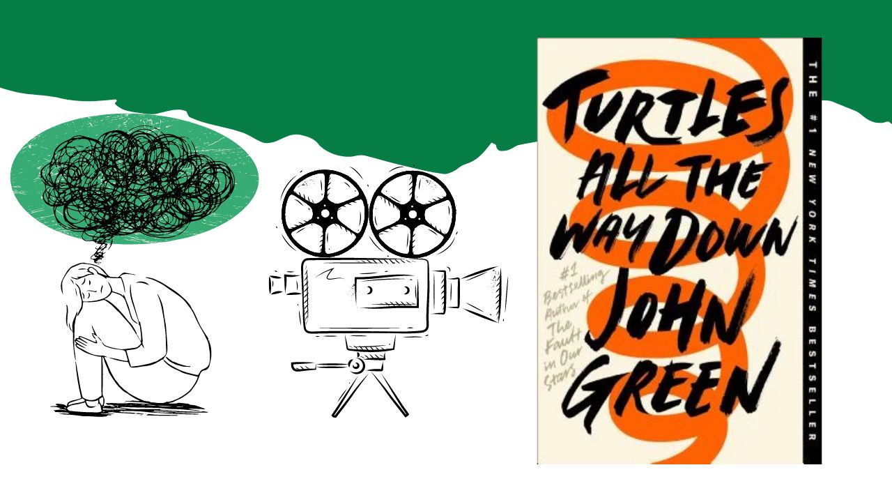 Sketches of a person in mental crisis with thoughts swirling in a bubble above their head. Next to them is a sketch of a film camera and then the Turtles All The Way Down book cover.