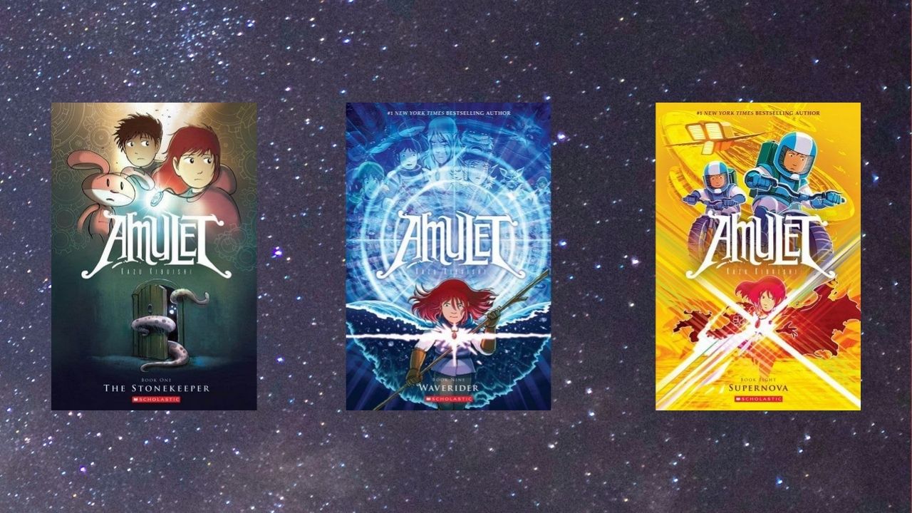 three Amulet book covers on a starry background