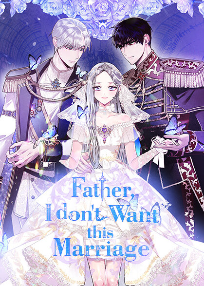 Silver-haired woman in wedding dress and veil holding hands with a silver haired man and dark-haired man both dressed in formal wear