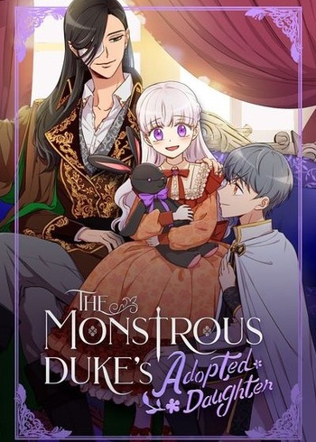 Child with white hair and purple eyes wearing an orange dress holding black stuffed rabbit while an older woman with long hair and a half mask on her face smiles at her while a boy in a cloak is crouched down beside the little girl smiling