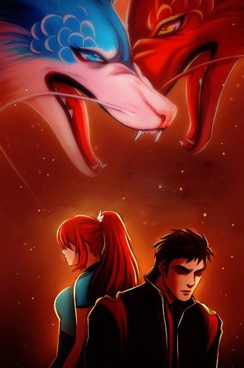 A red background with a red and blue dragon head interlocking over red-haired woman in blue outfit back to back with brunette man in black jacket