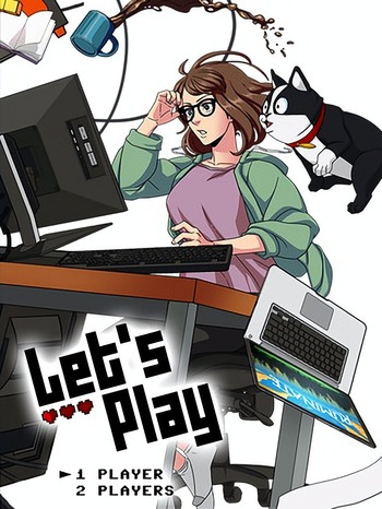 Brunette woman in sweatshirt working the computers are falling off and the coffee has gone flying while her dog is floating next to her