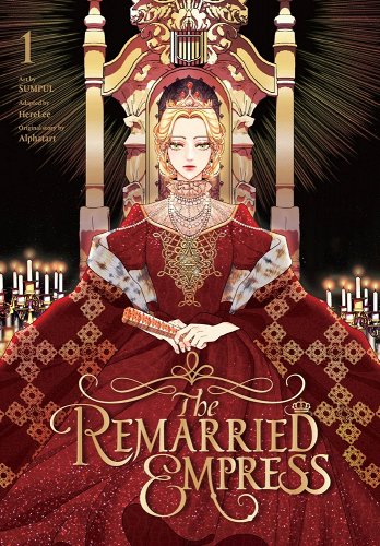 Blonde woman in red ball gown with a red cloak over it sitting on a throne with a crown on her head