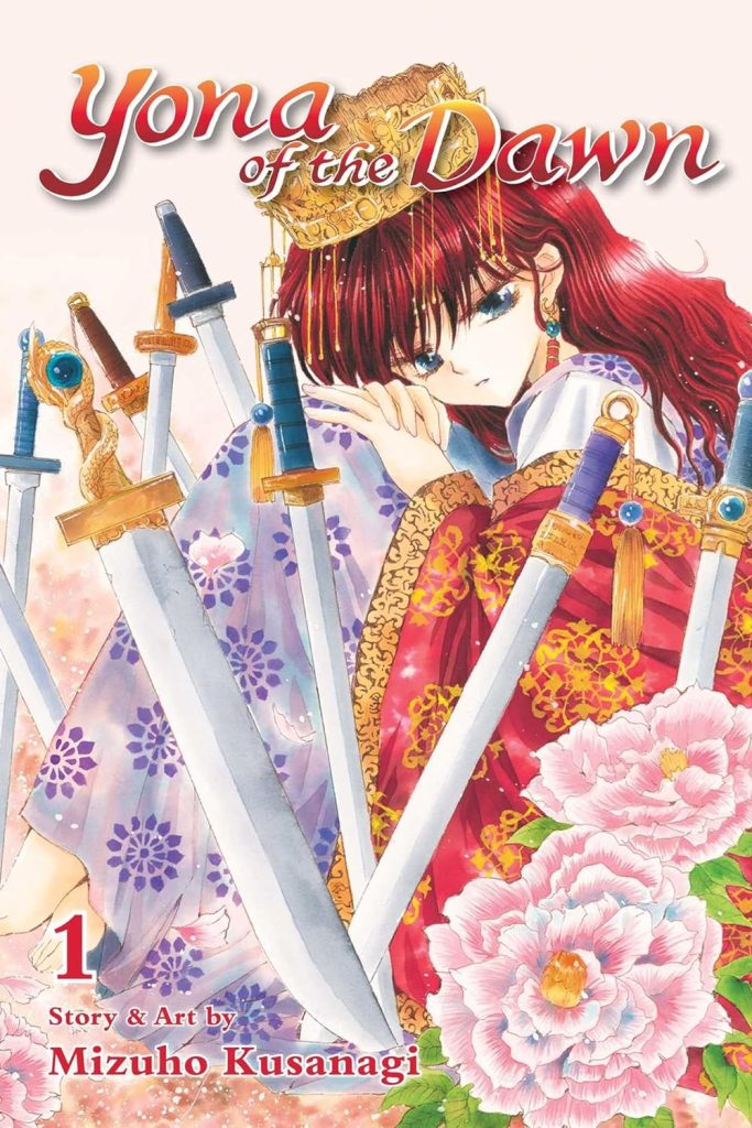 Yona of the Dawn by Mizuho Kusanagi, manga book cover depicting a red-haired girl with a crown and formal dress sitting among swords and flowers in the lower corners.