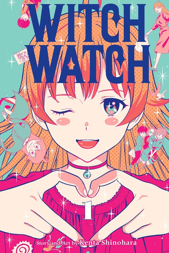 WITCH WATCH by Kenta Shinohara, manga book cover depicting the close-up of a young girl winking and forming a heart with her hands on a teal background with sparkles and characters surrounding her head.