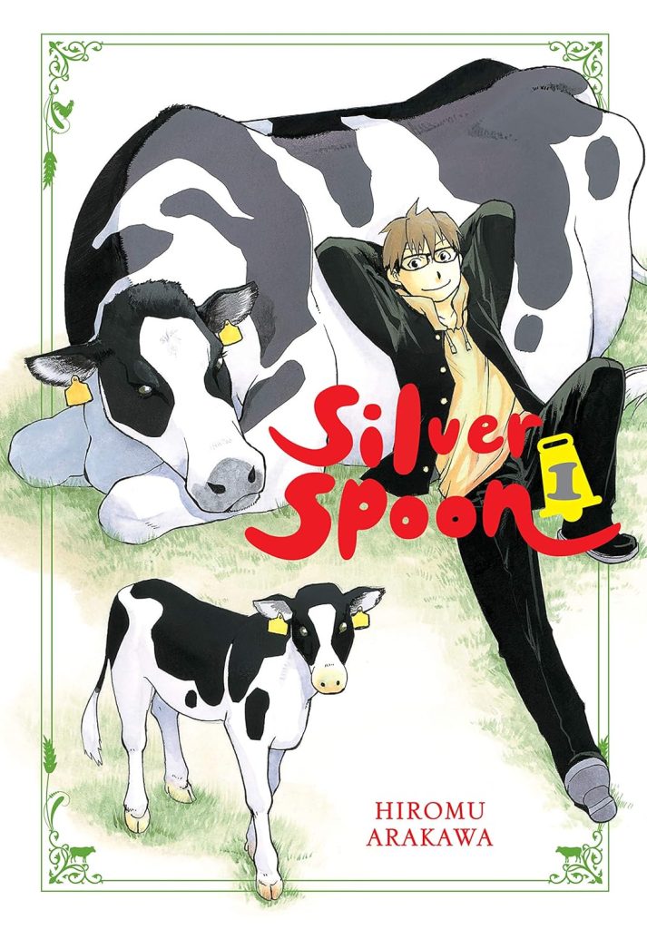 Silver Spoon by Hiromu Arakawa, manga book cover depicting a young boy laying against a cow with a calf beside him on a white background and a green frame all around.