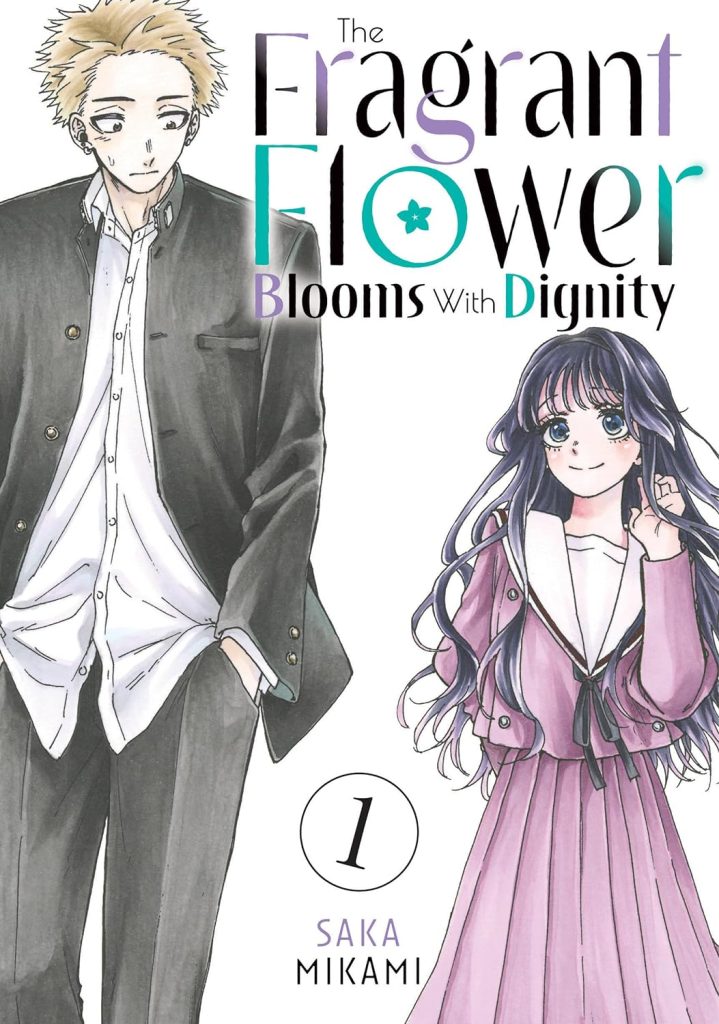 The Fragrant Flower Blooms with Dignity by Saka Mikami, manga book cover depicting a young boy and girl in school uniforms on a solid white background.