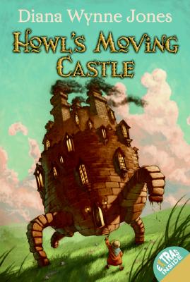 Howl’s Moving Castle by Diane Wynne Jones, a cartoon of a little boy holding a stick to a walking brick castle.
