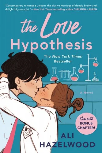 The Love Hypothesis by Ali Hazelwood, a book with a science lab in the background and a couple in lab coats kissing.