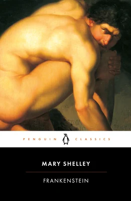 Frankenstein by Mary Shelley, a book with a naked man hugging his knee.