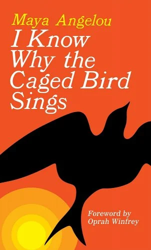 I Know Why the Caged Bird Sings by Maya Angelou, a book with a shadowed image of a bird, and a sunset with bold shades of yellow and orange, not blended.