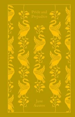 Pride and Prejudice by Jane Austin, a yellow book with peacocks in vertical directions like strings.