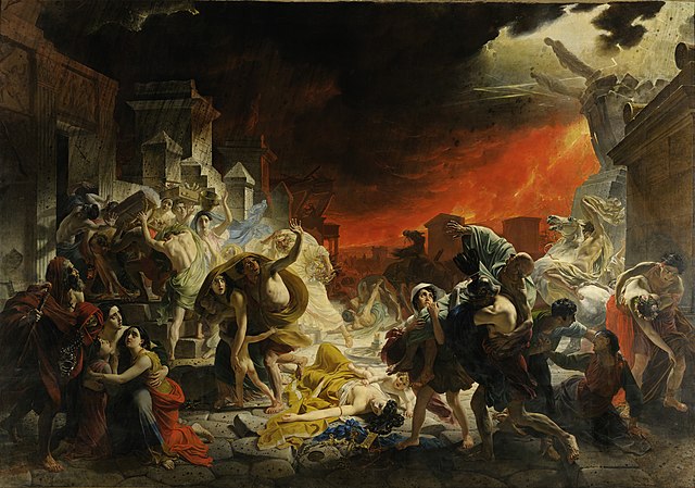 "The Last Day of Pompeii" art created by Karl Brullov. Citizens in Roman attire attempt to flee Pompeii as Vesuvius erupts behind them, with ash and pumice falling to the ground.