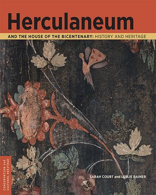 Book cover; A painting for Herculaneum is the background, with various flowers and trees. "Herculaneum" is in black text in a red box at the top of the image.