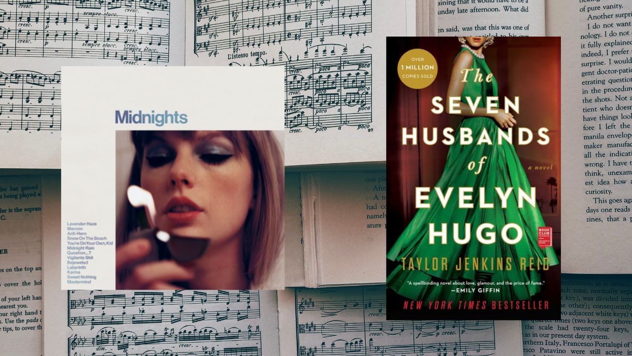 background of music books with photos of Taylor Swift's Midnights and The Seven Husbands of Evelyn Hugo
