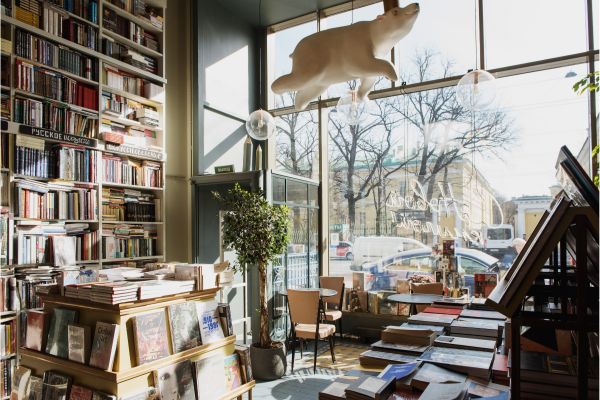 Interior of local bookstore with view outside.