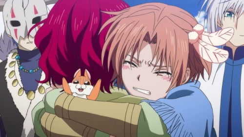 Yun hugging and Ao Yona with tears in his eyes with Shin-Ah and Gija in the background.