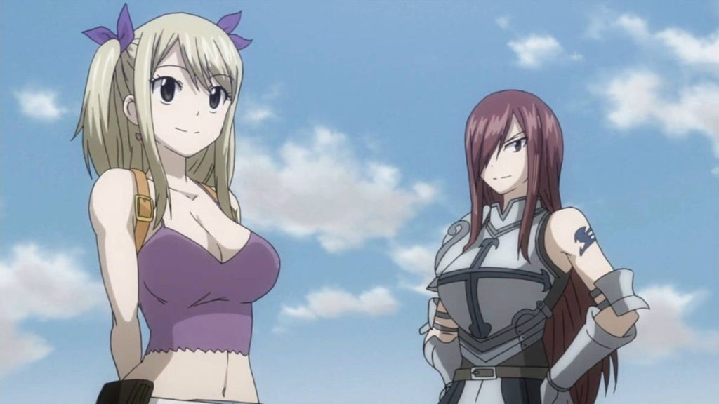 Lucy and Erza standing outside smiling.