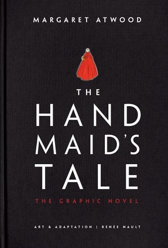 'The Handmaid's Tale' by Margaret Atwood book cover with a black background and a small image of a woman wearing all red.