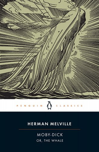 'Moby Dick' by Herman Melville book cover showing a gigantic whale jumping out of the water.