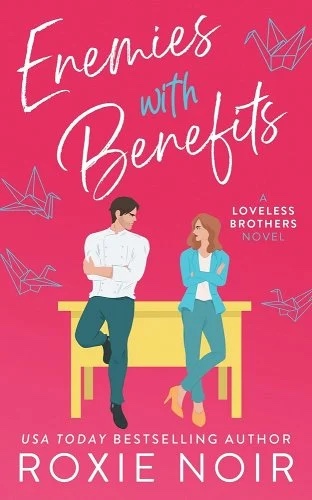 enemies with benefits book cover, pink, two people sitting next to each other