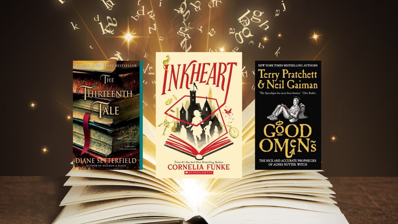 An open book with yellow letters flying out of the pages. Book covers for "The Thirteenth Tale", "Inkheart", and "Good Omens" are in the center of the image.