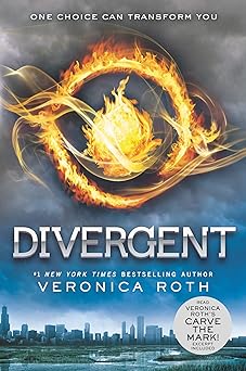 'Divergent' by Veronica Roth book cover showing part of Chicago and fire in the vague shape of an eye.