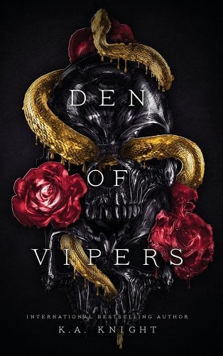 'Den of Vipers' by K.A. Knight book cover with a golden snake and roses coming out of a skull.