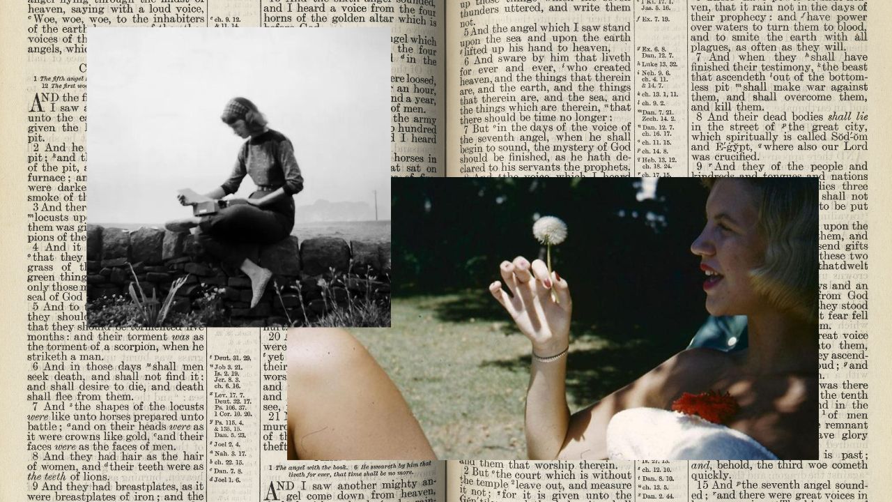 2 photos of Sylvia Plath set to background of book pages