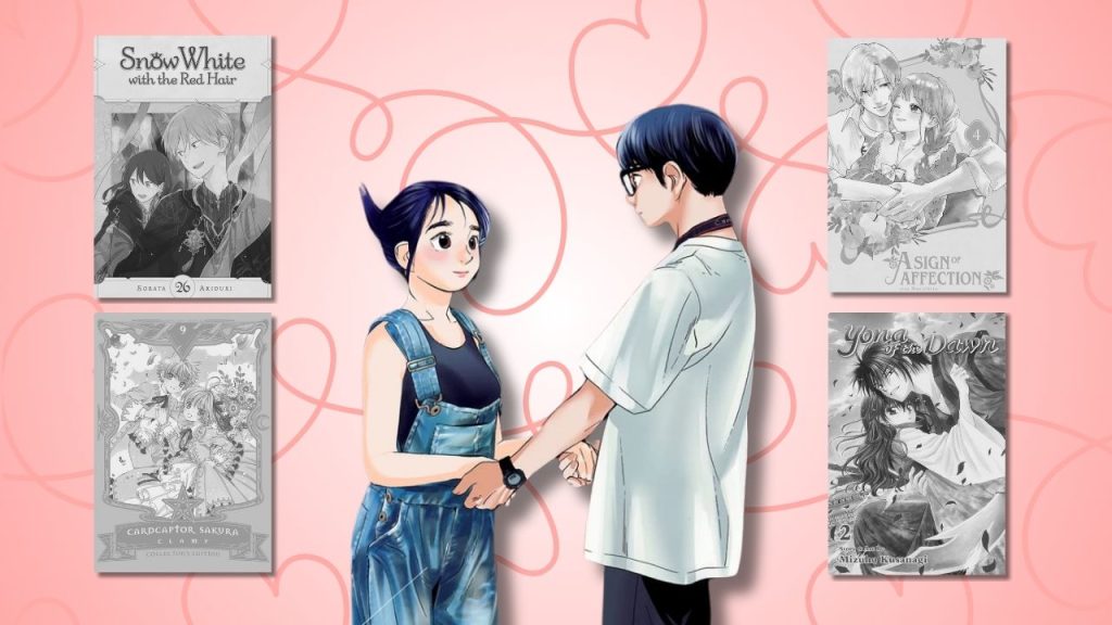 Teen couple holding hands on a pink patterned background. There are grayscale manga covers lined up vertically on either side.