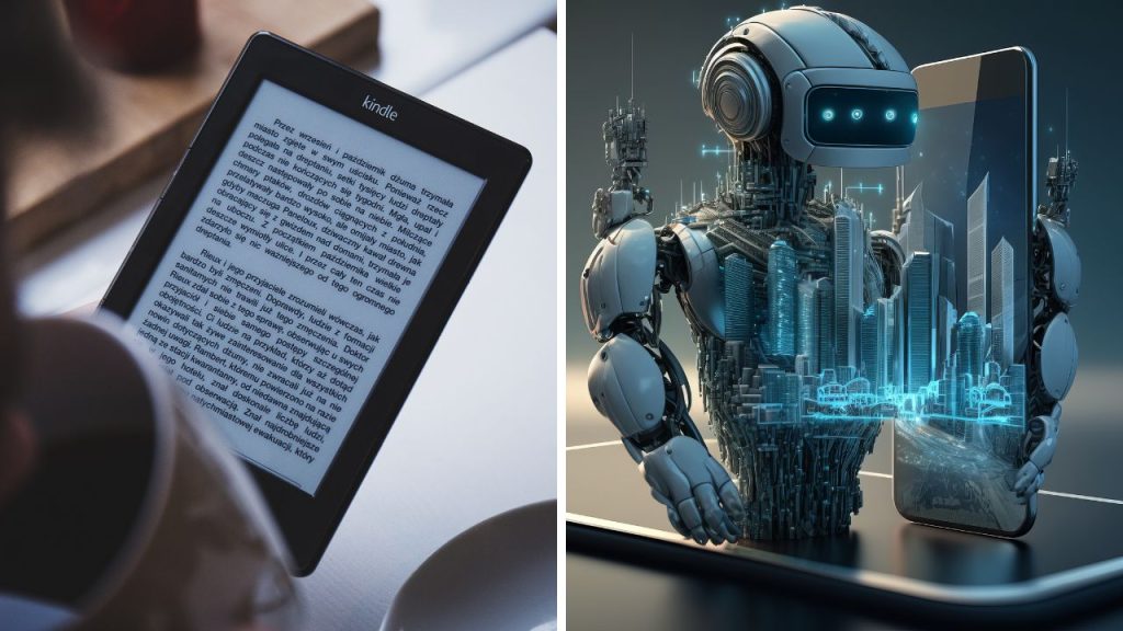 Two images are placed side-by-side. The image on the left is of an Amazon Kindle on a coffee table, with a coffee cup in the lower left of the image. The image on the right is a robot representing artificial intelligence, standing behind a cyber arts image of a city and a cell phone.