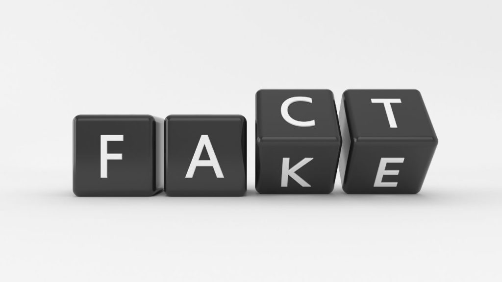 Four gray letter blocks are placed against a white background. The first two blocks are laid flat on the ground, with the letter F on the first one and the letter A on the second. The next two blocks are placed on their edge, so that the row reads both "fact" and "fake."