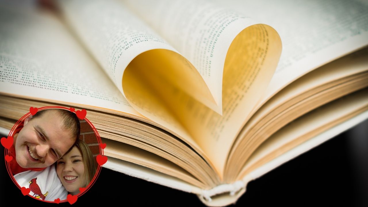 open book with pages bent to look like a heart with a picture surrounded in hearts of the couple mentioned in the article.