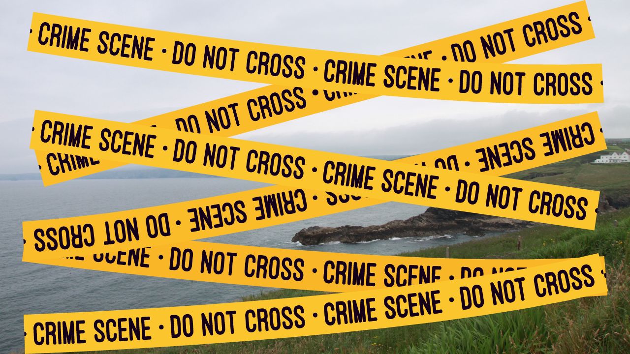 Crime scene tape graphics overlay an image of the English coast.