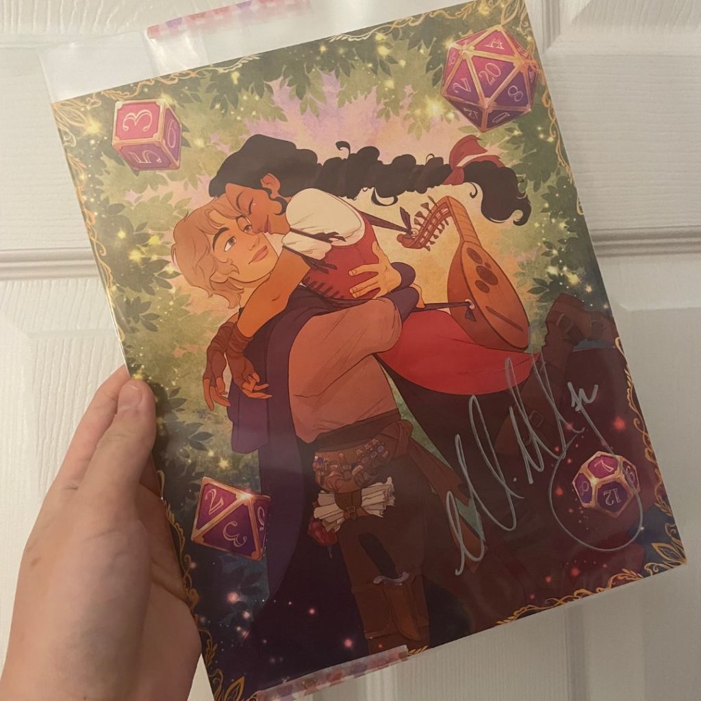 Character art work with Jude and Ari with Dungeons & Dragons dice shown with author signature. 