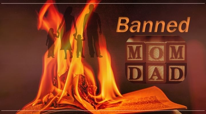 A book on fire serves as the background. A black silhouette of a family stands in the flames of the burning book. On the right side is the word "Banned" in yellow-orange letters. Below it is the words "Mom/Dad" in block letters. The rest of the background looks like a hazy orange color.