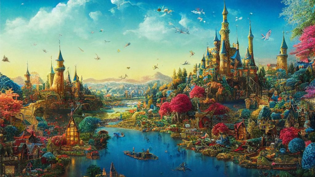 Colorful fantasy world with towering castles and a light blue river.