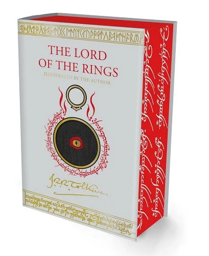 The Lord of the Rings with the eye of Sauron on the cover and a golden ring.