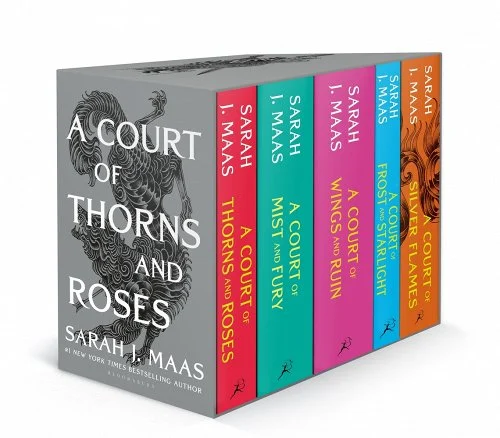 A Court of Thorns and Roses series with various colored covers.