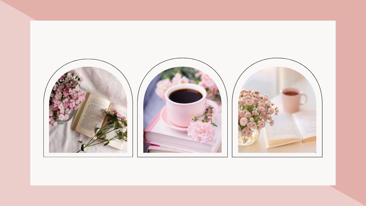 Soft feminine colors with three pictures displayed as though through windows. First a book and flowers open on a bed. Second, a coffee mug set on top of a book. Third, a vase of flowers and an open book near an open window.