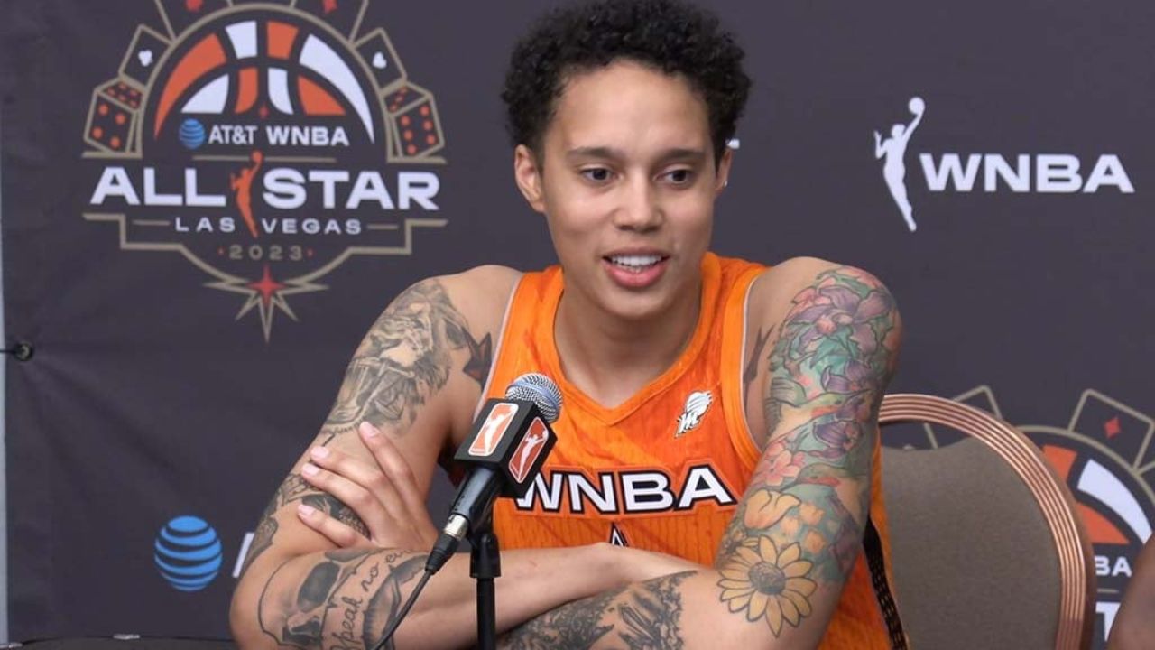 Brittney Griner talking at a press conference.