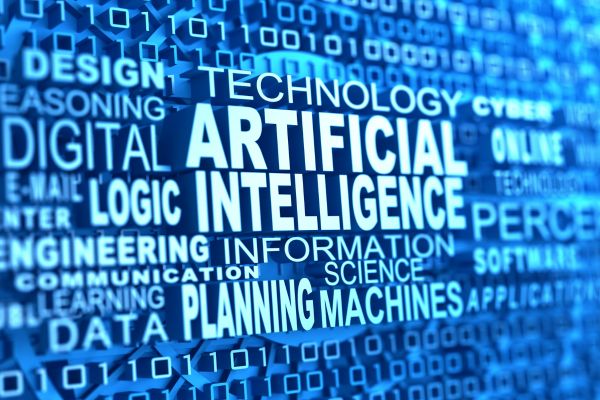 Blue background with white text in front that reads: "Artificial Intelligence," "Technology," "Information," and other technological words.