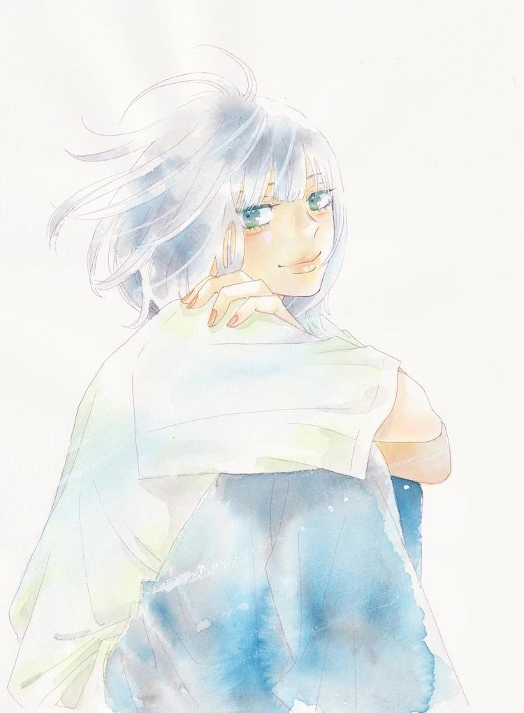 Watercolor illustration for Toppu to Beat by Karuho Shiina, featuring a young girl sitting, in a t-shirt and jeans, and wind-swept hair.