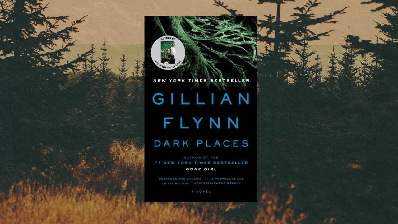 Dark Places book cover set against background of dimly lit wooded area.
